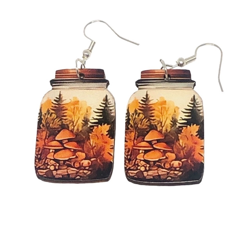UNBRANDED Wooden Autumn Forest MUSHROOMS In A Jar Earrings